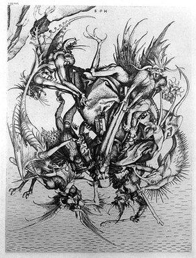 Saint Anthony Abbot is tormented by seven hell-born creatures; representing the temptation of Saint Anthony. Process print after M. Schongauer.