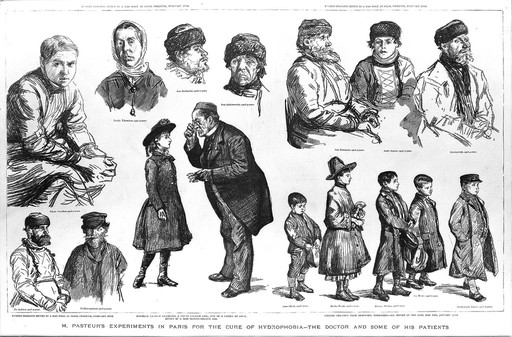 Louis Pasteur and his rabies patients. Wood engraving, 1886.
