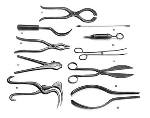 view Replicas of Indian surgical instruments in the Wellcome Collections. Key as follows: 14. Lion forceps, 15. Blunt probe, 16. forceps with arms, 17. hyena forceps, 18. curlew forceps, 19. sharp probe, 20. rectal enema or syringe, 21. stone extractor, 22. scissors, 23. midwifery forceps.