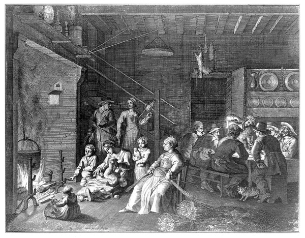 A communal house, the men sit drinking around a table while the women look after the children, weave hay and the older children cook. Engraving by C. Bouzonnet Stella after J. Stella.