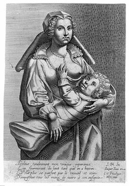 A woman breast-feeding her child. Line engraving by MD after J.Ch., [16--].