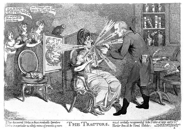 An operator treating Ann Ford, a society lady, with "Perkins's tractors", for her venomous tongue. Coloured etching by C. Williams, 1802.