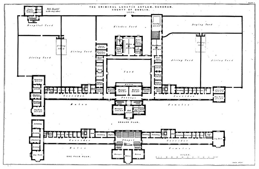 The floor plan with scale of the Criminal Lunatic Asylum, Dundrum, Dublin, Ireland. Transfer lithograph by J.R. Jobbins, 1850, after J. Owen.