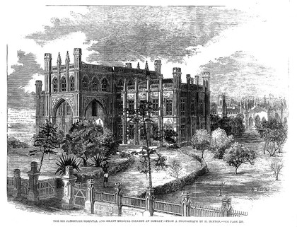 The Sir Jamsetjee hospital, Grant medical college, and surrounding grounds, Bombay. Wood engraving after H. Hinton.