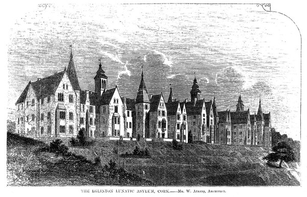 Eglinton Lunatic Asylum, Cork, Ireland. Wood engraving by C. D. Laing, 1852, after W. Atkins.