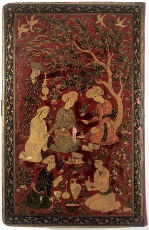 view Physician talking to a female patient in a garden with servants preparing medicaments and potions. Persian lacquered binding board cover of the Canon transcribed in Isfahan 1632.