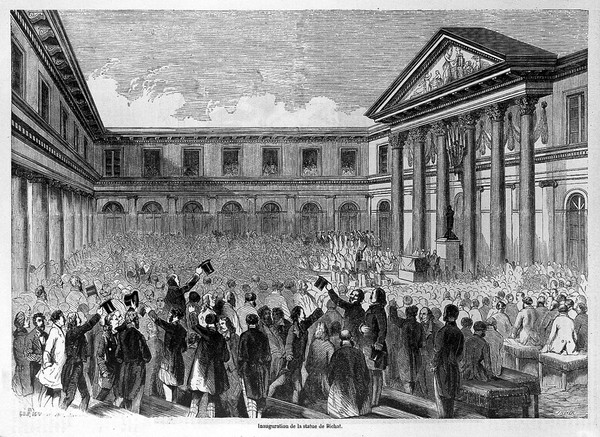 Marie-François-Xavier Bichat: unveiling of a statue to him in Paris. Wood engraving by Jayer after E. Riou and Beranger [?], ca. 1857.