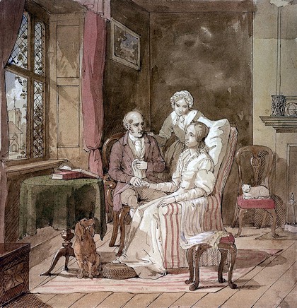 A physician taking the hand of a sick female patient, her mother is standing near them. Watercolour by A. Jerôme.