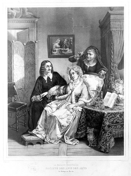 A young physician feeling the pulse of a young woman, a painting of two lovers in the background suggests her illness maybe lovesickness. Lithograph by S. Teissier, 1850, after P.L.A.A. Terral.