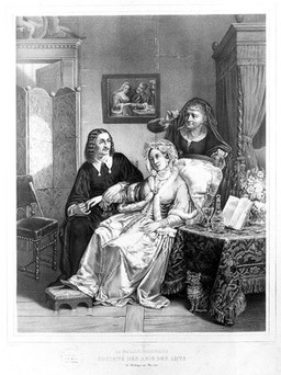 A young physician feeling the pulse of a young woman, a painting of two lovers in the background suggests her illness maybe lovesickness. Lithograph by L.E. Soulange-Teissier, 1850, after P.L.A.A. Terral.