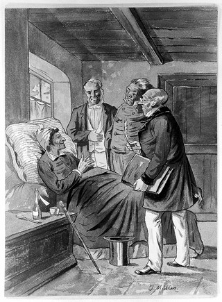 A sick man at home in bed discussing his case with three physicians. Watercolour by T. Müller.