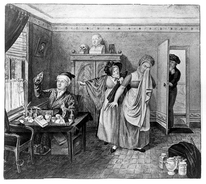 A physician examining a urine specimen in which a faint figure of a baby is visible, a female patient is crying and being shouted at by her angry mother, indicating that she is pregnant. Watercolour by I.T., 1826.