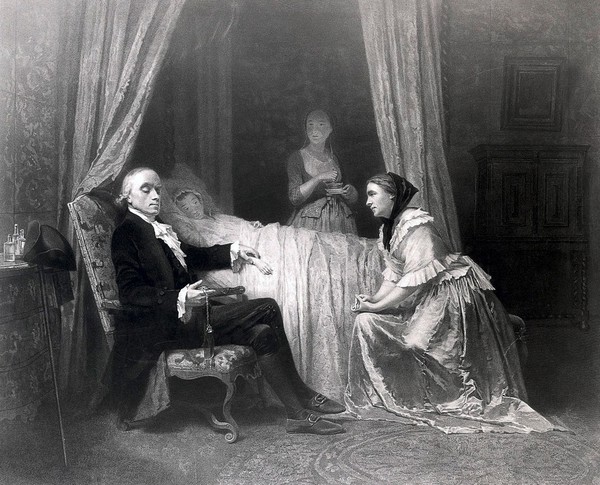 A physician taking the pulse of a young woman, her concerned mother is seated opposite him, with a servant in the background. Engraving by J.H. Barker.
