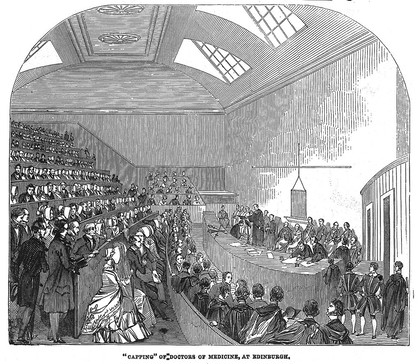 Doctors receiving their degrees in a degree ceremony, Edinburgh. Wood engraving, 1845.