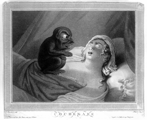 A perturbed young woman asleep with a devil sitting on her chest; symbolizing her nightmare. Stipple engraving by J.P. Simon, 1810.