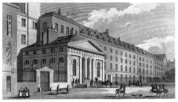 The Hôtel Dieu, Paris. Line engraving by R. Wallis, 1830, after B. Ferrey.