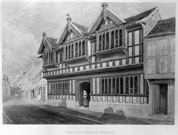 Ford's Hospital (Greyfriars' Hospital), Coventry: a woman standing at the entrance. Watercolour by E. Pretty.