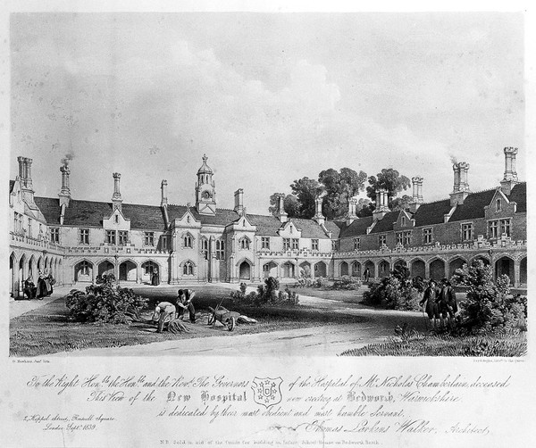 Courtyard view of the New hospital and grounds, Bedworth, Warwickshire. Coloured lithograph by G. Hawkins the younger, 1839.