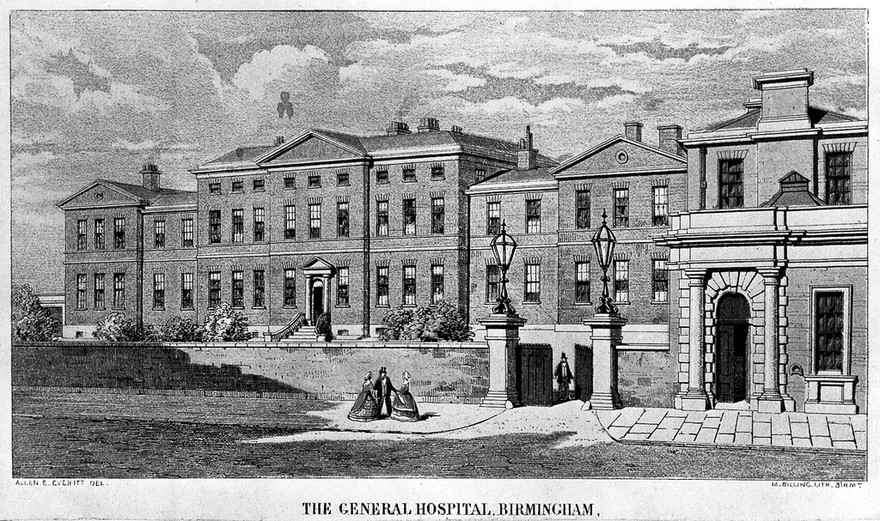 The General hospital, Birmingham. Coloured lithograph by M. Billing after A.E. Everitt.