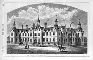 view Chalmers hospital, Banff, Scotland. Wood engraving by W.E. Hodgkin, 1862 after W.G. Smith after W.L. Moffatt.