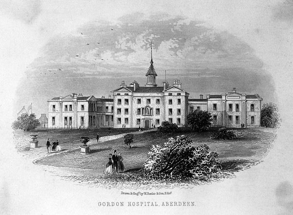 Facade and grounds of Gordon Hospital, Aberdeen. Engraving by W. Banks and son.