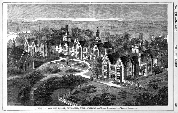 Hospital for the Insane, Coton-Hill, Stafford: bird's eye view. Wood engraving by W.E. Hodgkin, 1854, after B. Sly after Fulljames and Waller.