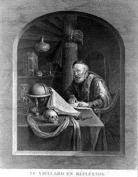 A scholar in his study. Engraving by N.J. Voyez after G. Dou.