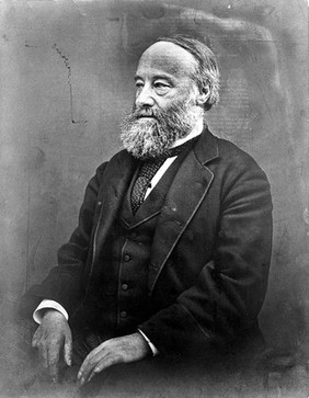 James Prescott Joule (1818-1889), seated, facing right. Photograph by L. Roscoe, c. 1890.