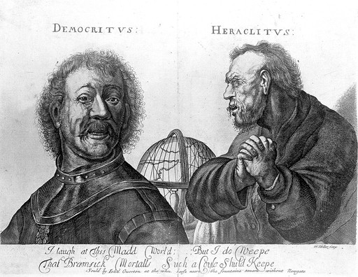 Democritus laughing and Heraclitus weeping, with a globe between them. Engraving by W. Hollar after J. van Vliet after Rembrandt van Rijn.