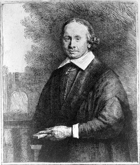 Jan Antonides van der Linden, professor of medicine, holding a book. Etching by Rembrandt, ca. 1665.