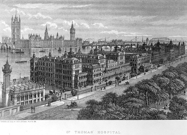 St. Thomas's Hospital, London, exterior bird's-eye view from south; anon., after an engraving made for Cassell's Old and New London.