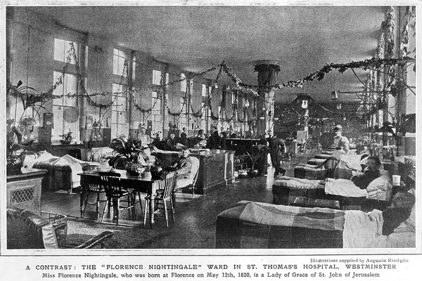 St Thomas's Hospital: the "Florence Nightingale" Ward with Christmas [?] decorations. Photogravure after A. Rischgitz.