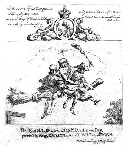 Two Scotsmen flying on a witch's broomstick from Edinburgh to London; representing Scots usurping the positions of southerners under the government of Lord Bute. Etching by P. Sandby, 1762.