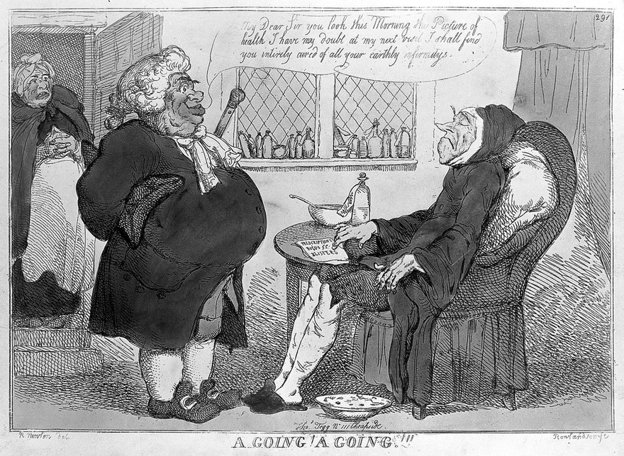 An obese physician pleased with the progress of his emaciated terminally ill patient. Coloured etching by T. Rowlandson, 1813?, after R. Newton.