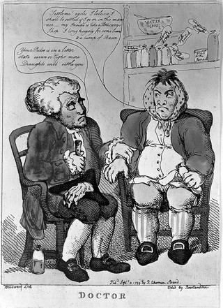 A doctor prescribing continuation of treatment to his reluctant patient. Coloured etching by T. Rowlandson, 1799, after G.M. Woodward.