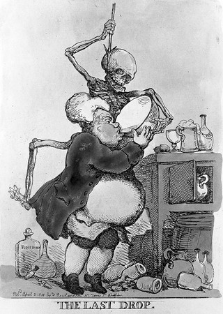 A man drinking himself to death; represented by a skeletal death figure above him and bottles scattered all around. Coloured etching by T. Rowlandson, 1811.
