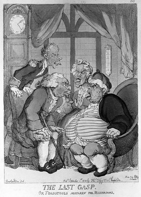 A doctor examining an obese man and his wife and servant for suspected food poisoning from toadstools. Coloured etching by T. Rowlandson, 1813.