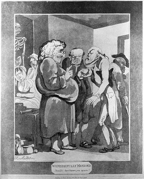 Patients consulting an obese quack. Aquatint by T. Rowlandson, 1807.