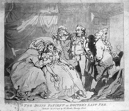 A woman dying in the arms of her family, an unhappy doctor leaves the room realising that it is his final payment. Aquatint by T. Rowlandson, 1786.