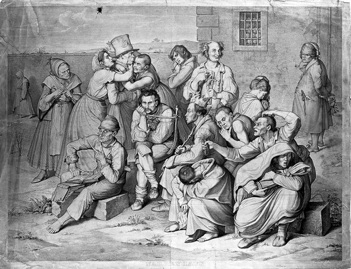 Mentally ill patients in the garden of an asylum, a warden lurks in the background. Engraving by K.H. Merz under the direction of S. Amsler, c. 1834, after W. Kaulbach.