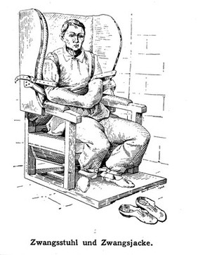 A mental ill patient in a straight jacket and strapped into a chair. Photograph after a wood engraving by E. Tritschler, 1908.