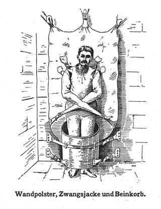 A mentally ill patient in a strait-jacket attached to the wall and a strange barrel shaped contraption around his legs. Photograph after a wood engraving by E. Tritschler, 1908.