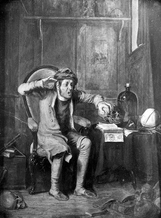 An anxious man comparing his own head to a skull, using the technique of phrenology. Oil painting by Theodore Lane, 182-.