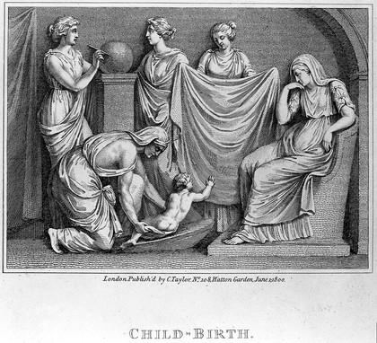 A new-born child being given its first bath. Engraving, 1800.