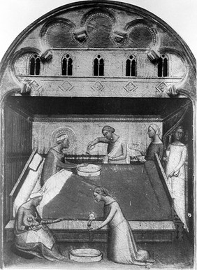 The birth of the Virgin Mary, her mother Anne washes her hands before being given food and drink by attendants. Photolithograph after a painting by B. Daddi.