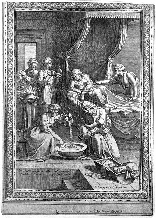 The birth of the Virgin Mary, Anna is being attended upon whilst Mary receives her first bath. Line engraving by C. Cort, 1578.
