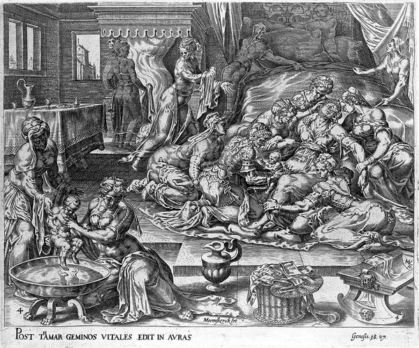 Tamar giving birth to Pharez and Zarah aided by a midwife and many assistants. Engraving by H. Muller after M. van Heemskerck.