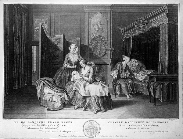 A wealthy Dutch man comforting his wife after giving birth, the child is being fed by a nursemaid. Engraving by P. Tanje, 1757, after C. Troost.