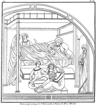 The birth of the Virgin (?). Line engraving after a fresco in Santa Maria Novella, Florence.