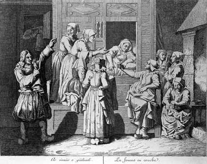 A Breton woman relaxing in a cupboard-bed after giving birth, she is surrounded by a group of Breton women and her husband. Etching.